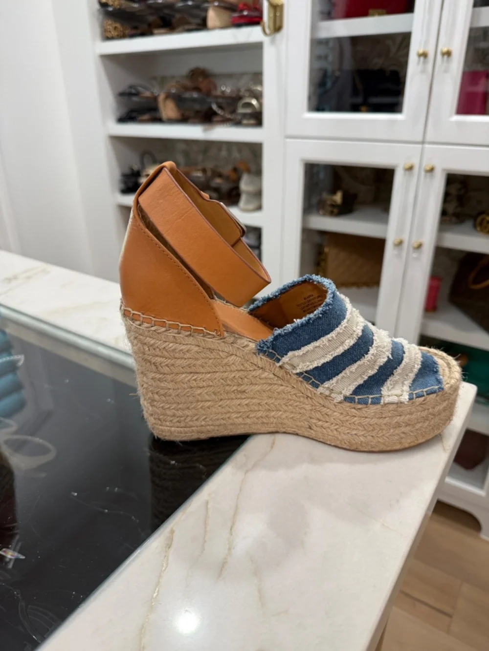 Marc Fisher Denim Adria Jute Open Toe Wedge Platform Sandal